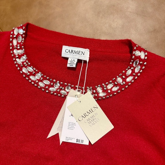 NWT Carmen Marc Valvo L/G red sweater with a crystal-embellished neckline - Picture 2 of 3